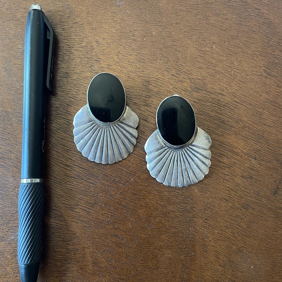 Sterling Silver Southwest Earrings with Black Stone - Picture 2 of 5